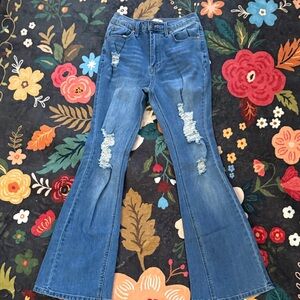 Easel high rise distressed flare stretchy jeans